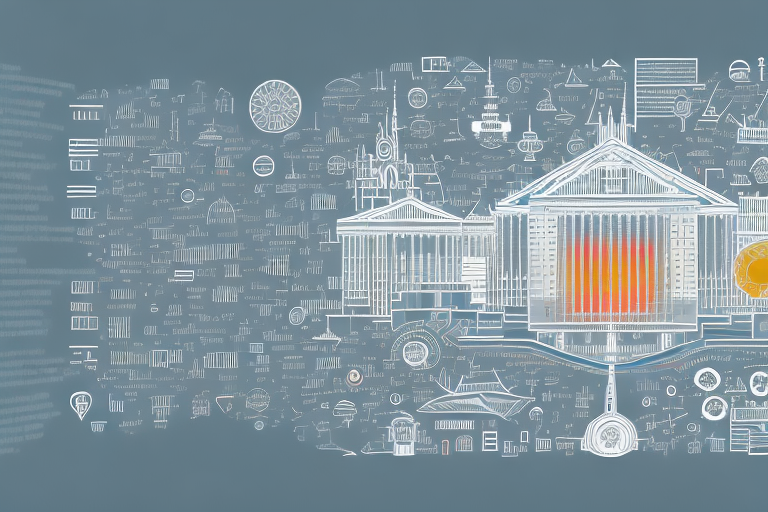 A digital cityscape with various symbolic internet icons