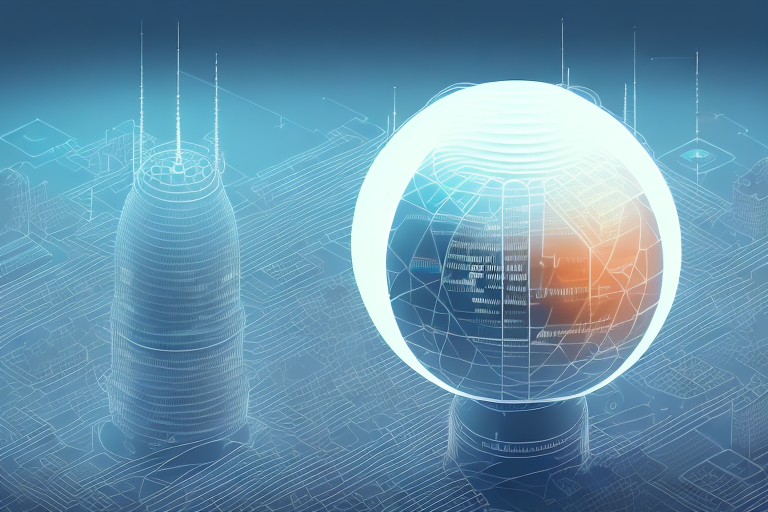 A digital cityscape with various symbolic elements like a computer mouse