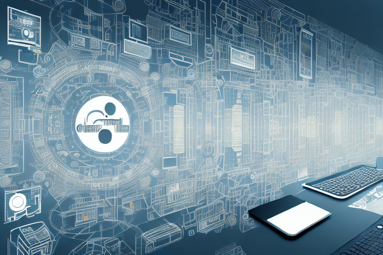 A digital cityscape with various symbolic icons representing different aspects of an internet agency such as a laptop