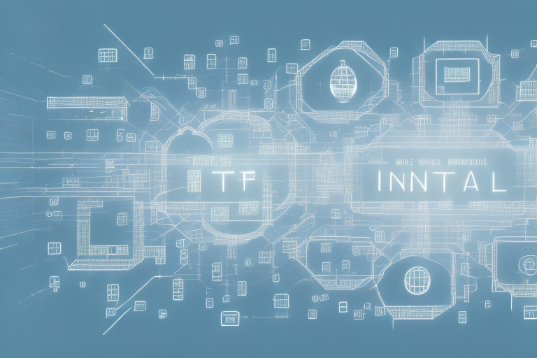 A digital cityscape with various symbolic internet icons like a web browser