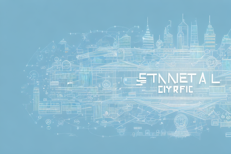 A digital cityscape with various symbolic internet and agency icons like coding