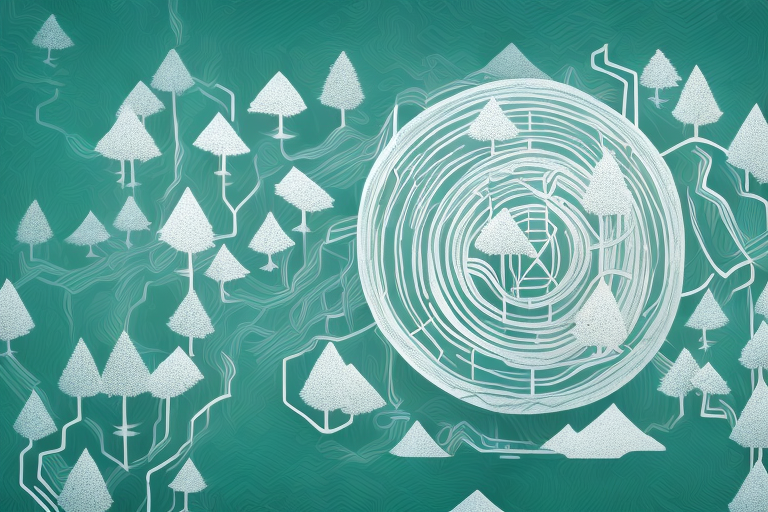 A digitally stylized forest (representing söhrewald) intertwined with abstract elements of technology and internet