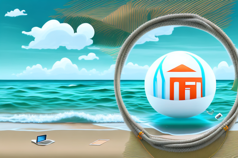 A scenic view of the strande beach with various symbolic elements like a computer