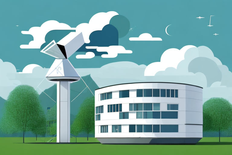 A modern office building with a satellite dish on the roof