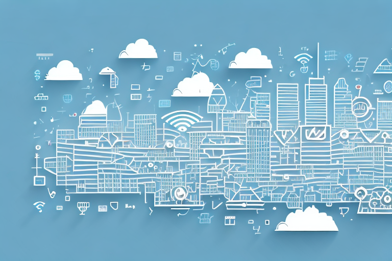 A vibrant cityscape of stadtallendorf with various digital symbols like wi-fi signals