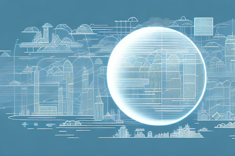 A digital cityscape with various symbolic internet elements