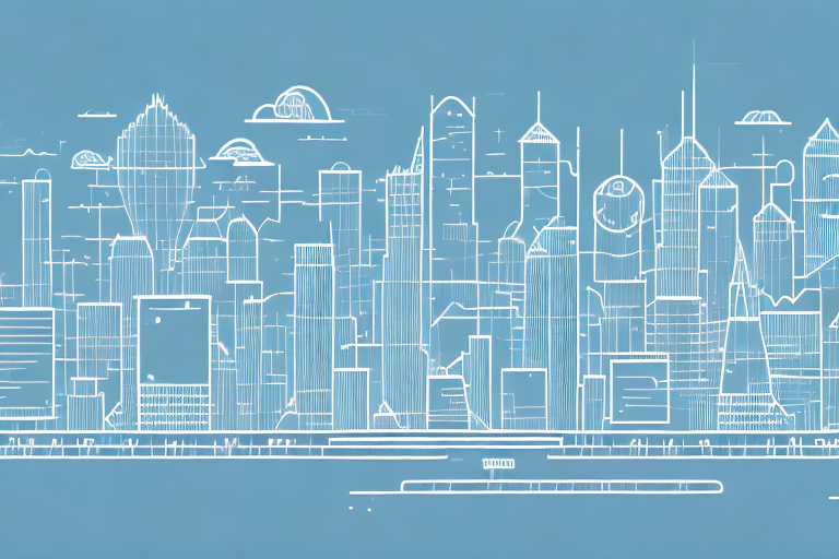 A digital cityscape with various buildings symbolizing different internet agencies