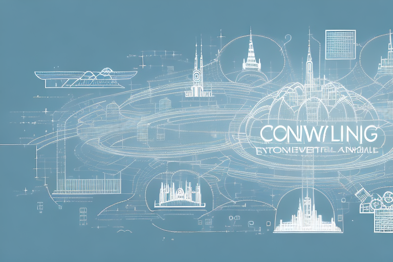A digital cityscape with various symbolic elements like a mouse cursor