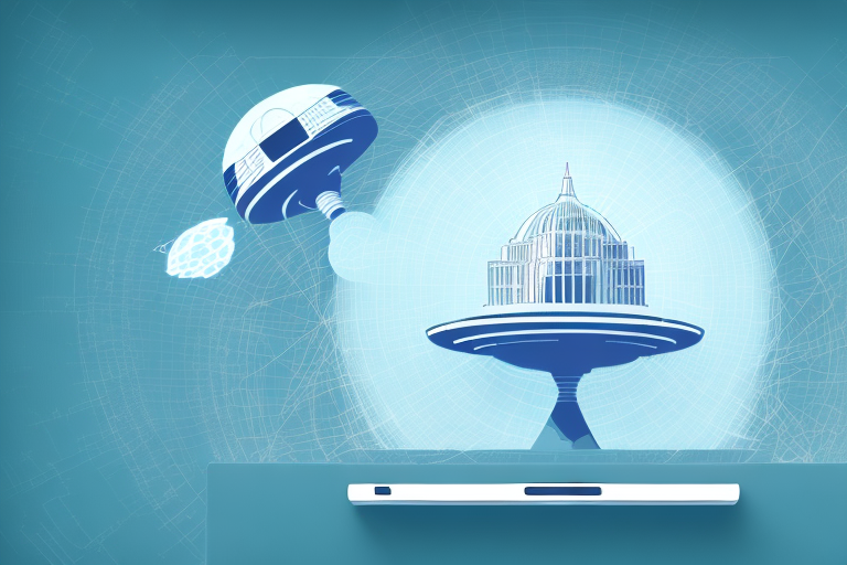 A digital landscape with various symbolic elements representing the internet and agency work