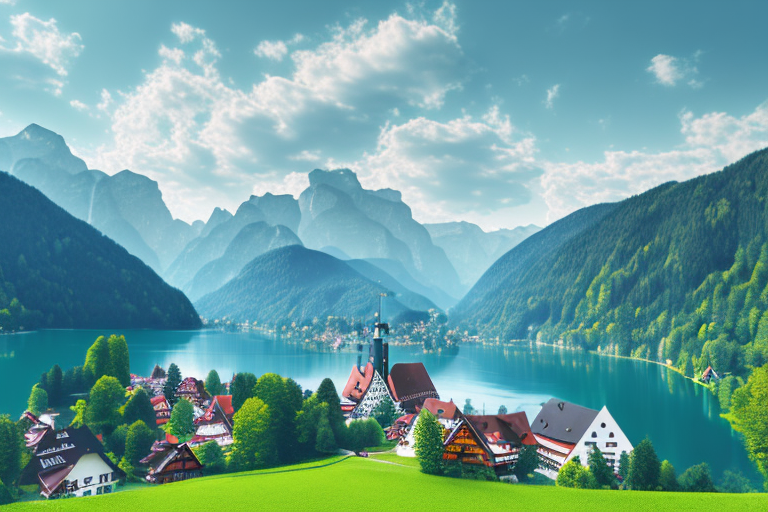A picturesque view of schönau am königssee with digital elements like browser windows and coding symbols subtly integrated into the landscape