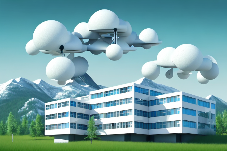 A modern office building with satellite dishes on the roof