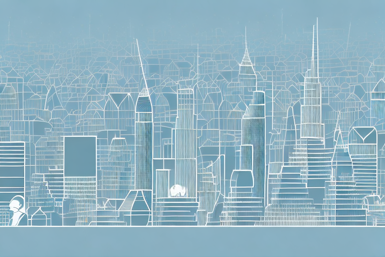 A digital cityscape with various buildings symbolizing different internet agencies