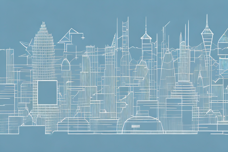 A digital cityscape with various abstract buildings symbolizing different internet agencies