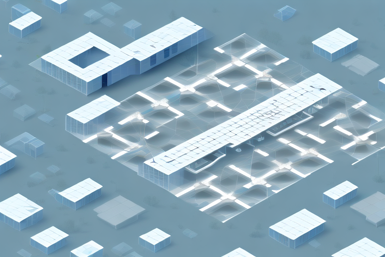 A modern office building with digital elements like a network grid and browser icons