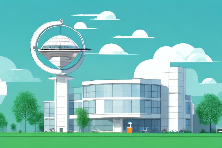 A modern office building with a large satellite dish on top
