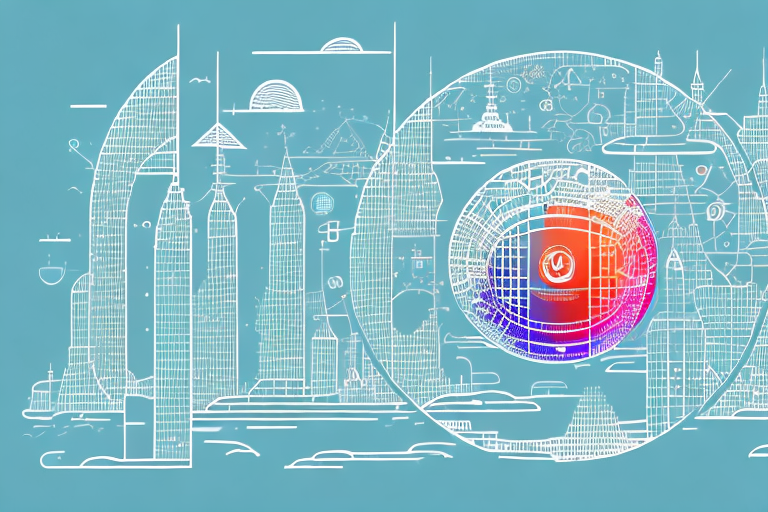 A vibrant digital cityscape with various symbolic elements representing internet agencies