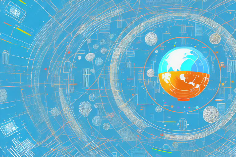 A vibrant digital cityscape with various symbolic internet-related icons like a mouse