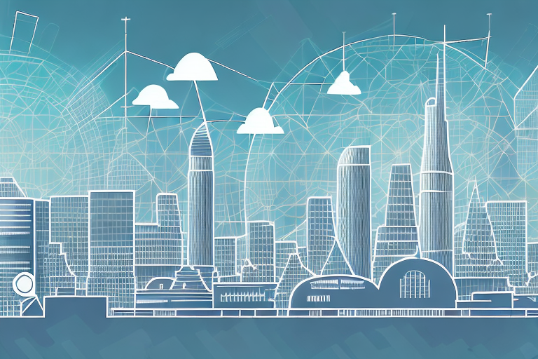 A digital cityscape with various symbolic buildings representing different internet agencies