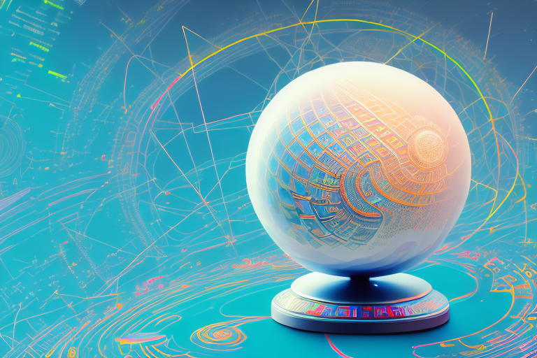 A vibrant digital landscape with various symbolic elements like a computer