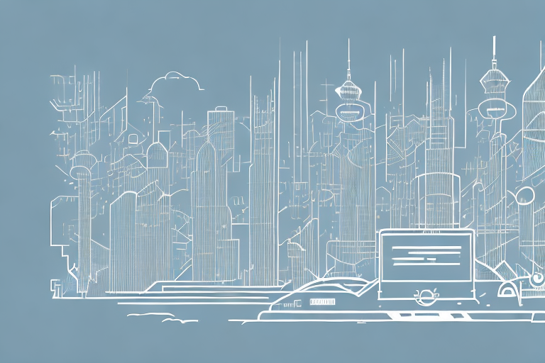 A digital cityscape with various symbolic elements like a computer mouse