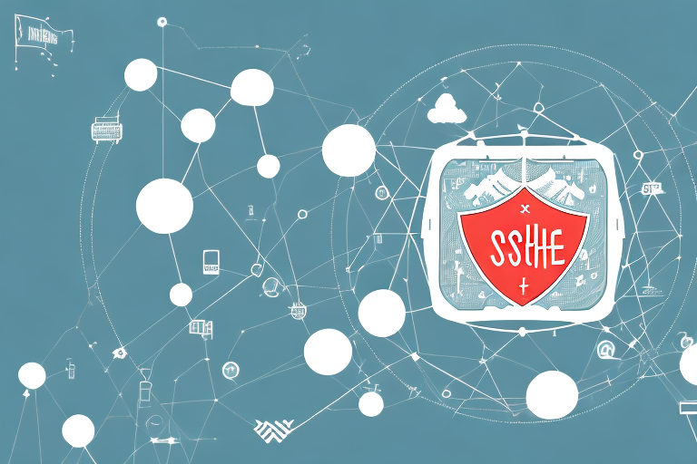 A scenic view of seestermühe with symbolic internet icons hovering above it