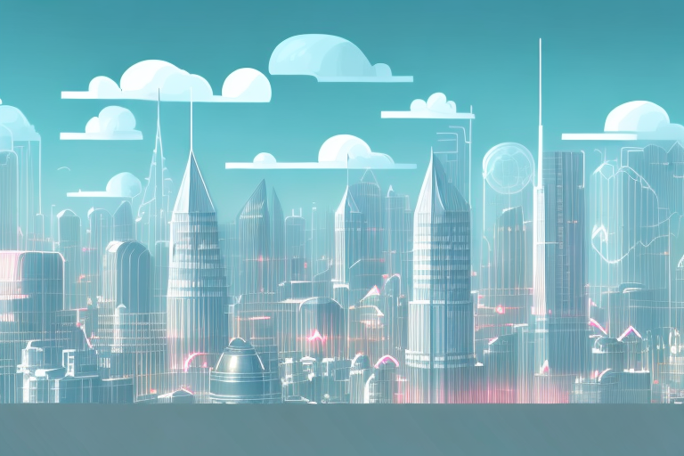 A digital cityscape with various buildings symbolizing different internet agencies