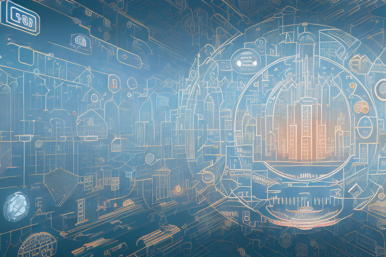 A digital cityscape with various symbolic icons representing different aspects of an internet agency