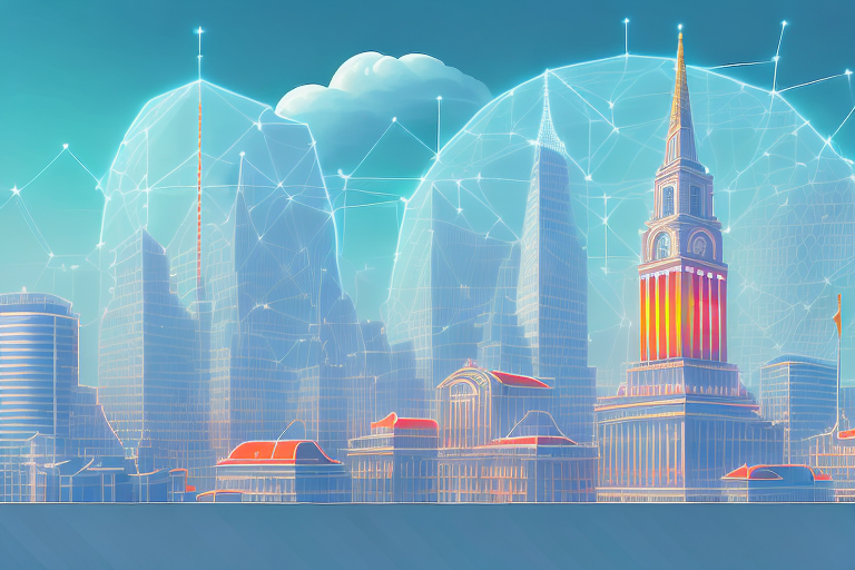 A digital cityscape with various symbolic buildings representing different types of internet agencies