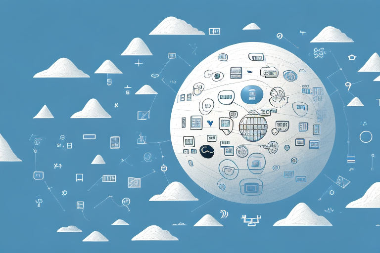 A picturesque straubenhardt landscape with various symbolic internet icons (like a globe