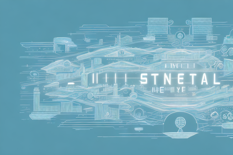 A digital cityscape with various symbolic internet-related elements