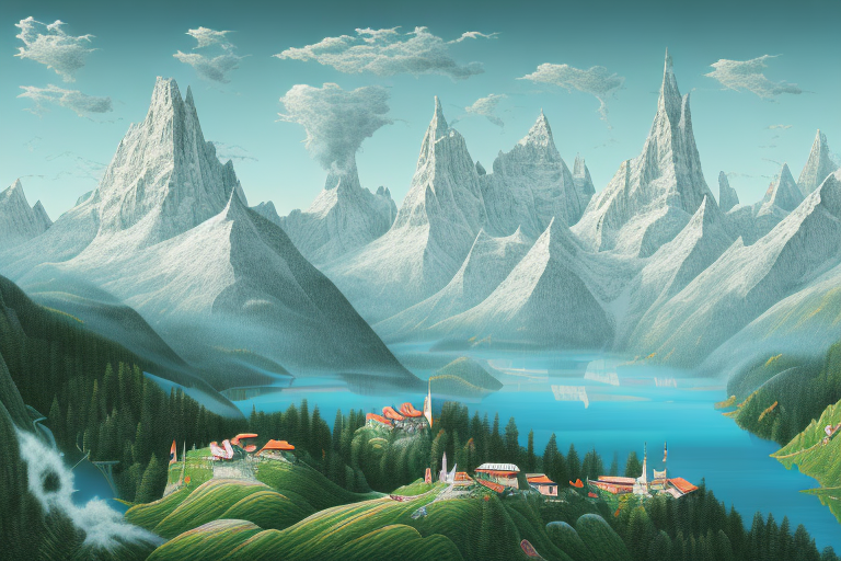 A digital landscape featuring various symbolic elements like a computer