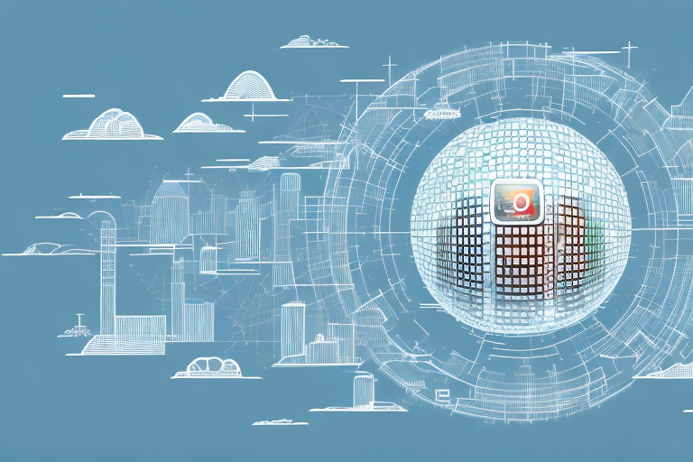 A digital cityscape with various symbolic internet icons like a mouse