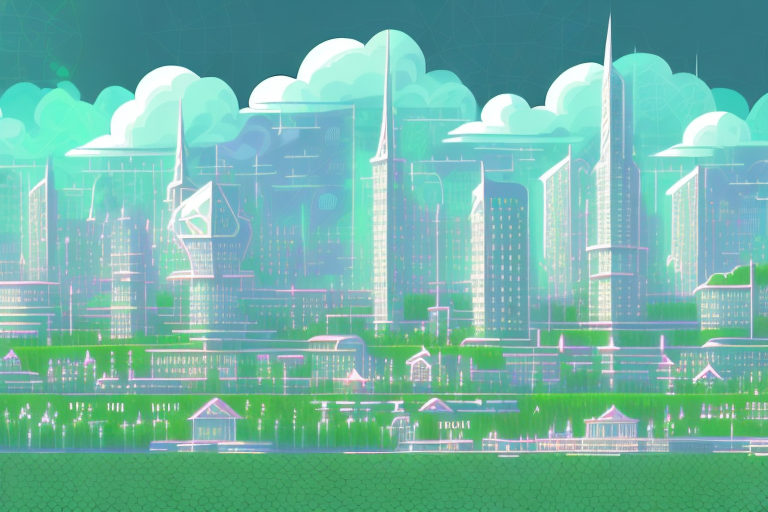 A digital cityscape with various buildings symbolizing different internet agencies