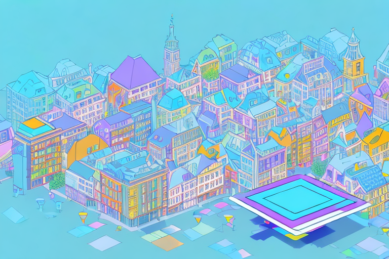 A vibrant cityscape of soest with various digital elements like mouse cursors