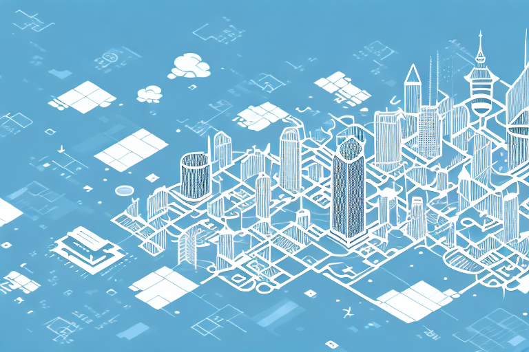 A cityscape of steinbach with various digital icons like a mouse cursor