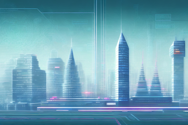 A digital cityscape with various symbolic buildings representing different internet agencies