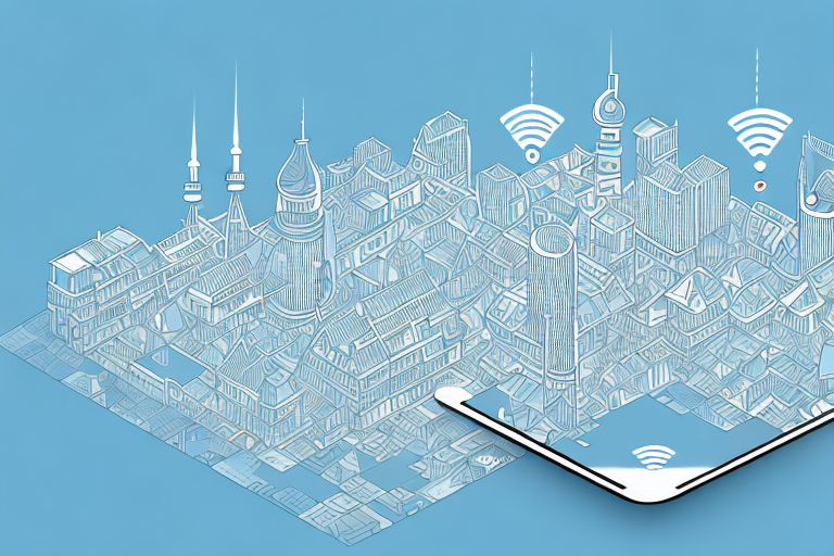 A cityscape of schwandorf with various digital and internet symbols (like wi-fi signals