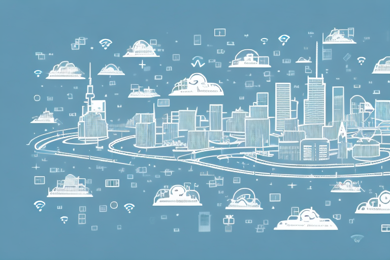 A cityscape of stadtlohn with various digital symbols (like wi-fi signals