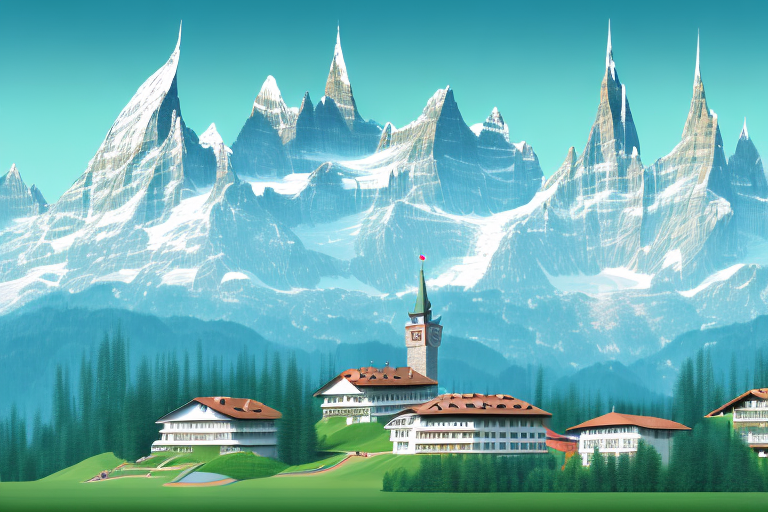 A digital landscape featuring symbolic buildings representing various internet agencies