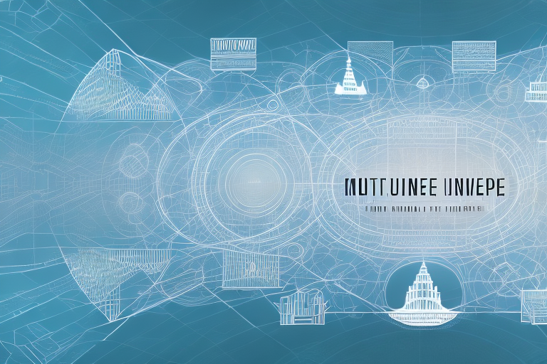 A digital landscape with various symbolic buildings representing different internet agencies