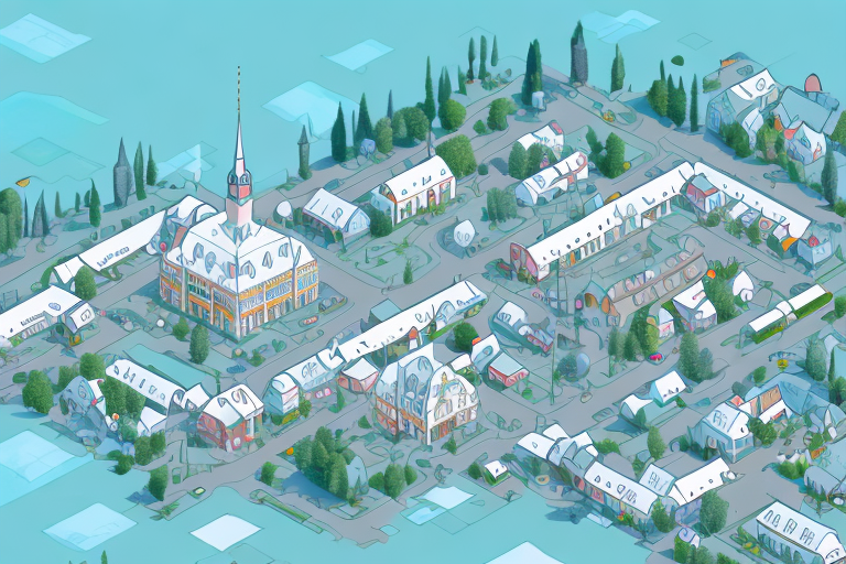 The picturesque town of stolpen with various symbolic internet and digital marketing icons