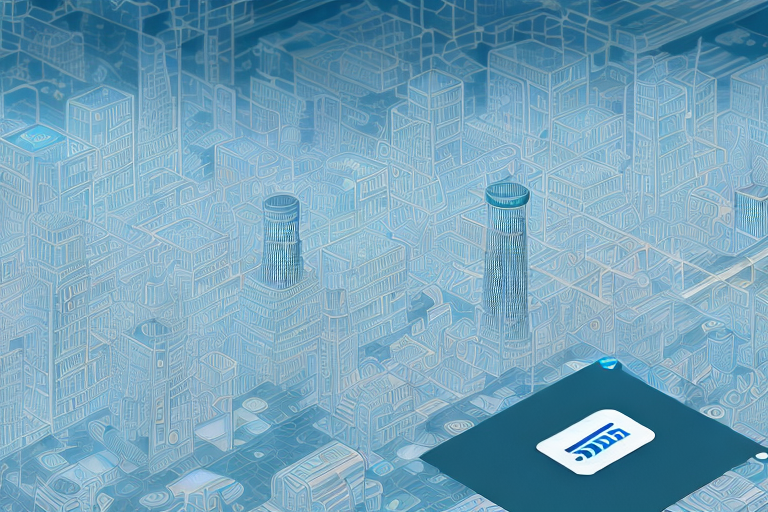 A digital cityscape with various symbolic internet and digital marketing elements
