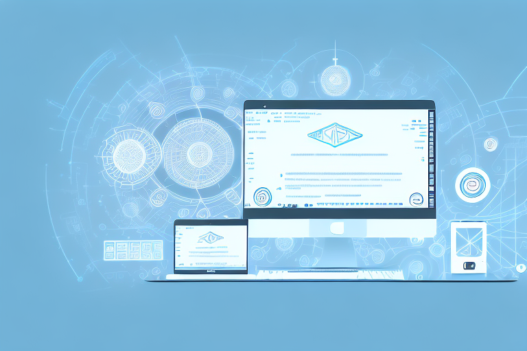 A stylized computer with various digital elements like coding symbols