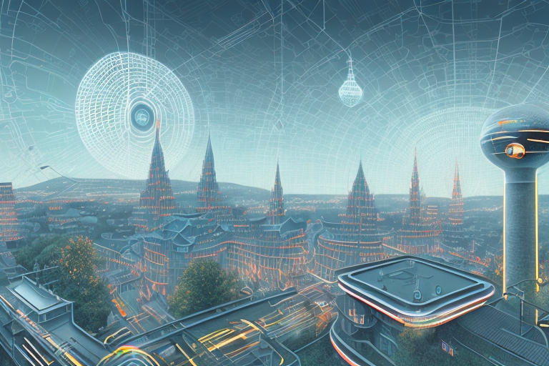 A digital cityscape with various symbolic elements like a computer mouse