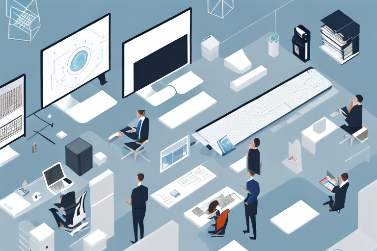 A modern office scene with computers