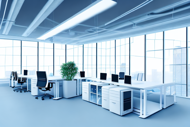 A modern office space with various digital devices like computers and tablets