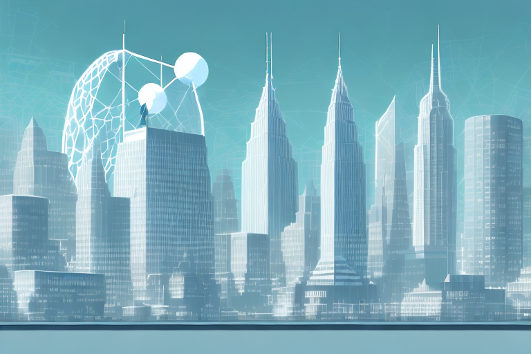 A digital cityscape with various buildings symbolizing different internet agencies