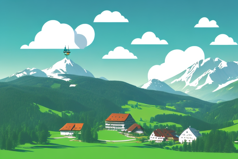 A scenic view of schonach im schwarzwald with various symbolic internet icons (like a mouse cursor