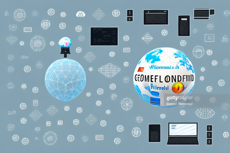 A scenic view of seefeld with various symbolic icons representing different aspects of internet agencies