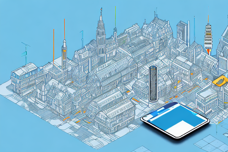 A cityscape of sonnewalde with various digital and internet symbols